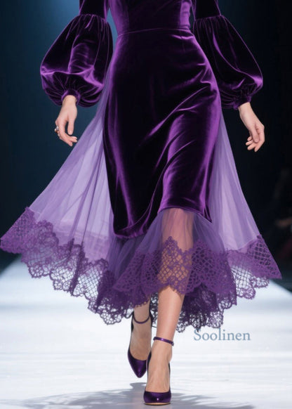 Vestido de primavera de talla grande con cuello en V, encaje, tul y patchwork de terciopelo morado