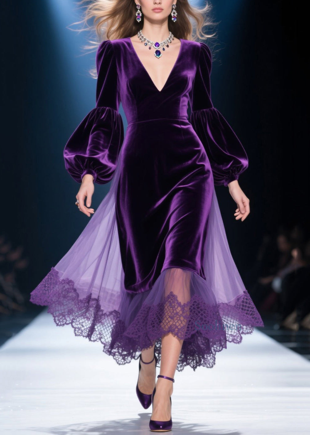 Vestido de primavera de talla grande con cuello en V, encaje, tul y patchwork de terciopelo morado