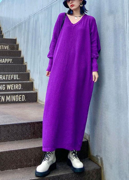 Plus Size Purple V Neck Loose fashion Fall Vacation Dresses Long sleeve - SooLinen