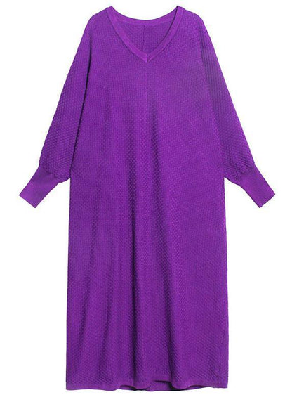 Plus Size Purple V Neck Loose fashion Fall Vacation Dresses Long sleeve - SooLinen