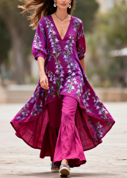Plus Size Purple V Neck Print Asymmetrical Top And Pants Cotton Two Pieces Set Summer