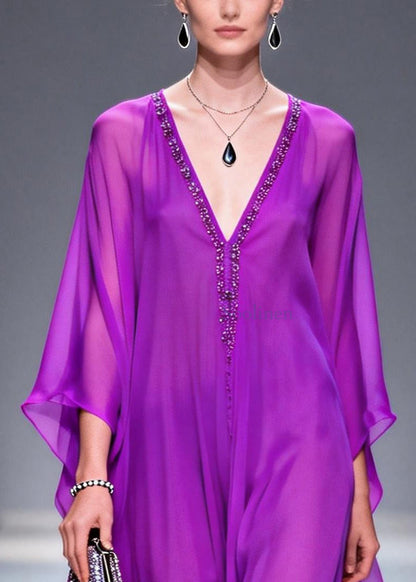 Plus Size Purple V Neck Zircon Draping Chiffon Dresses Summer