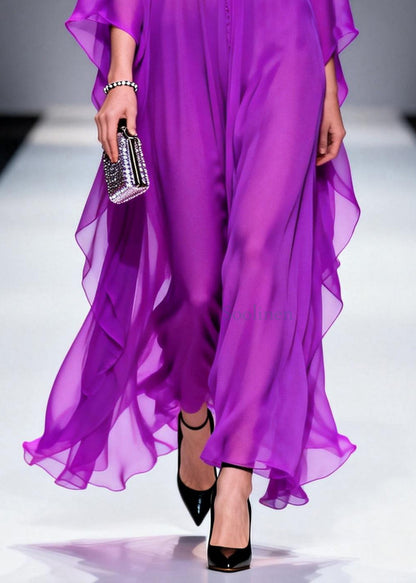 Plus Size Purple V Neck Zircon Draping Chiffon Dresses Summer
