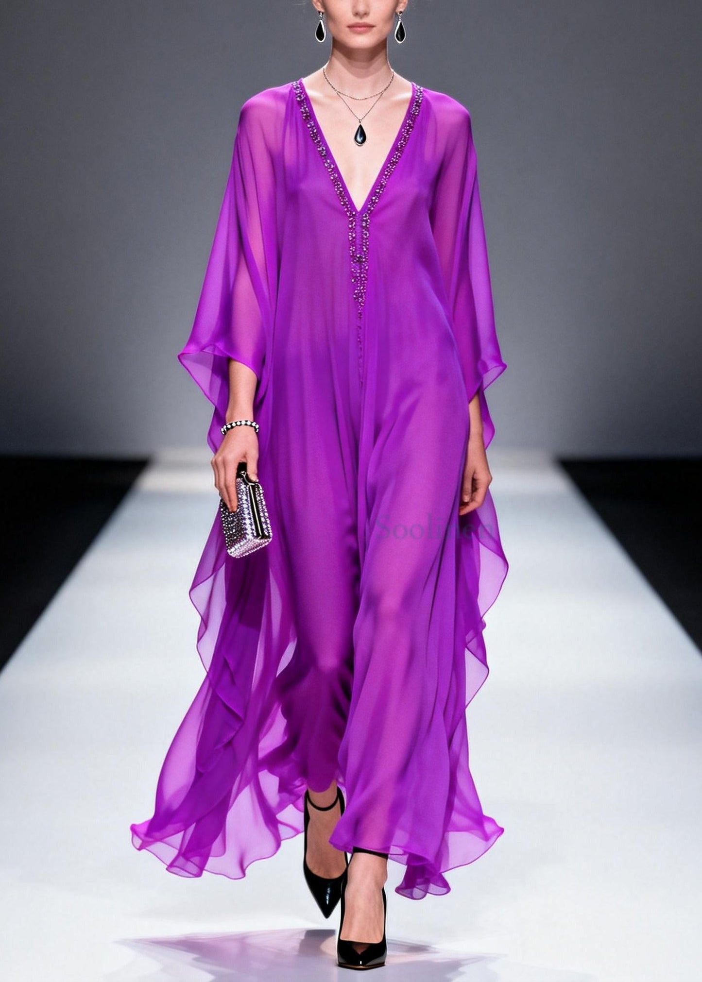 Plus Size Purple V Neck Zircon Draping Chiffon Dresses Summer