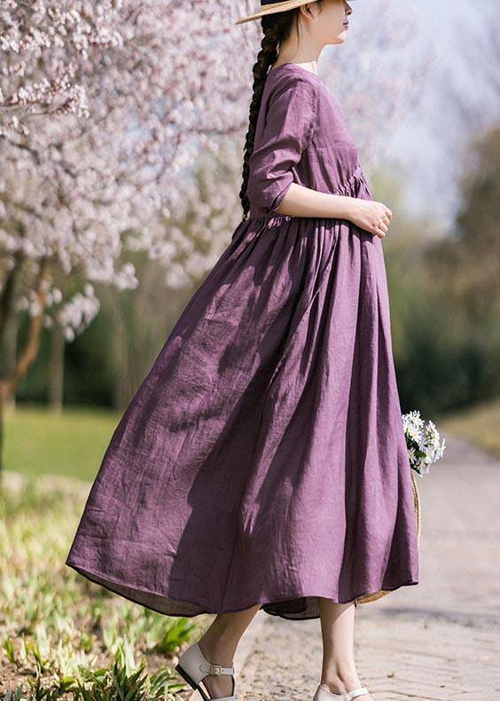 Plus Size Purple tie waist V Neck Mid Summer Linen Dress - SooLinen