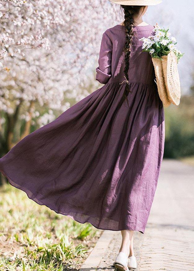 Plus Size Purple tie waist V Neck Mid Summer Linen Dress - SooLinen