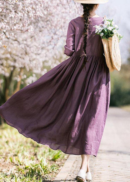 Plus Size Purple tie waist V Neck Mid Summer Linen Dress - SooLinen