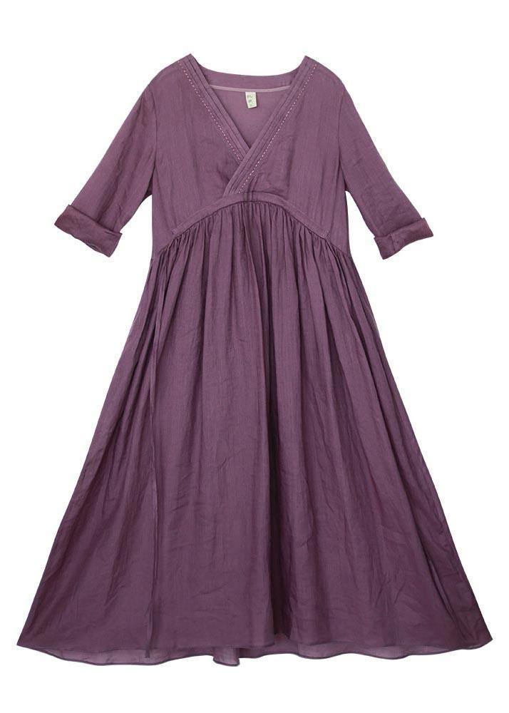 Plus Size Purple tie waist V Neck Mid Summer Linen Dress - SooLinen