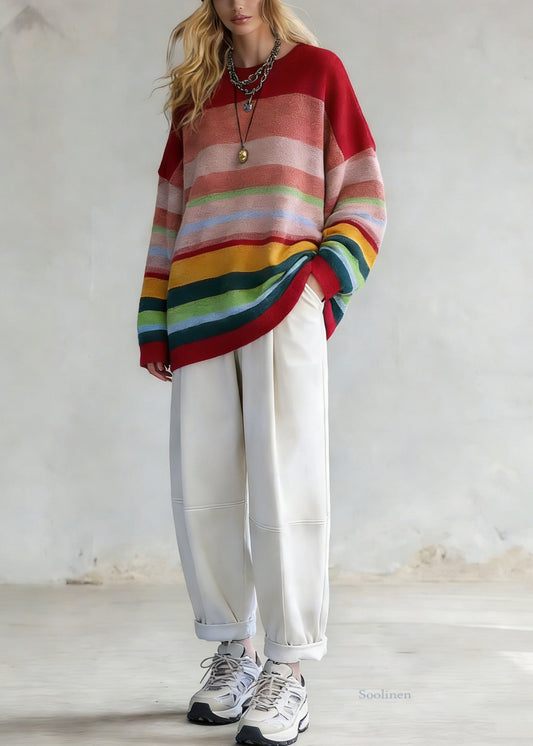 Plus Size Rainbow Striped O-Neck Knit Sweaters And White Pants Two Pieces Set Spring