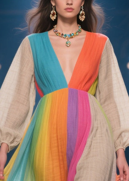 Plus Size Rainbow V Neck Patchwork Linen Party Dress Lantern Sleeve