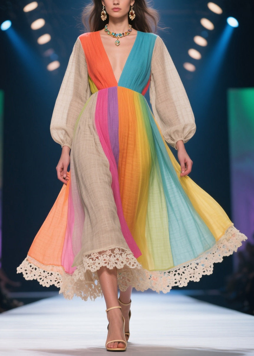 Plus Size Rainbow V Neck Patchwork Linen Party Dress Lantern Sleeve