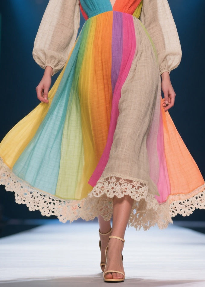 Plus Size Rainbow V Neck Patchwork Linen Party Dress Lantern Sleeve