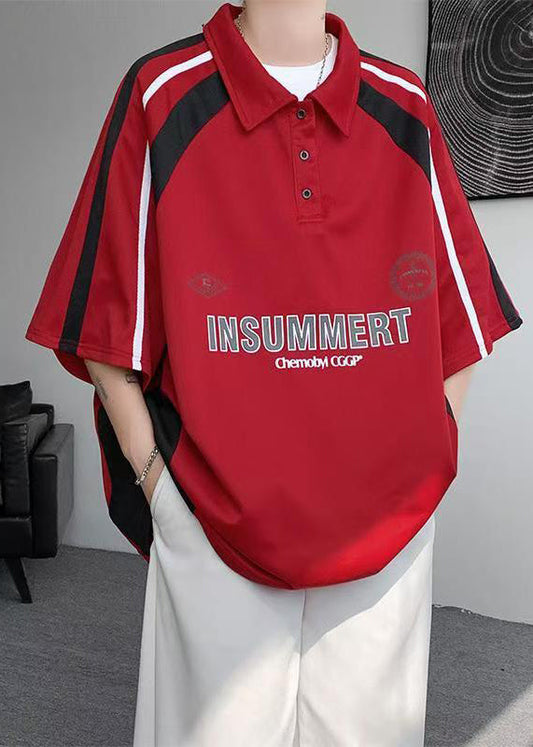 Plus Size Red Button Letter Patchwork Cotton Polo Shirt Men Half Sleeve
