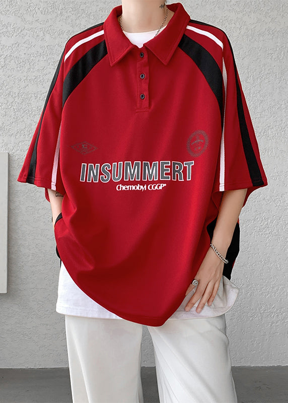 Plus Size Red Button Letter Patchwork Cotton Polo Shirt Men Half Sleeve