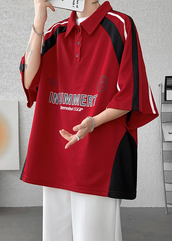 Plus Size Red Button Letter Patchwork Cotton Polo Shirt Men Half Sleeve