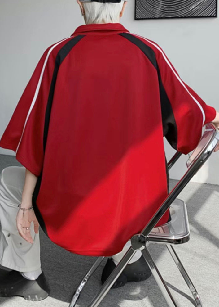 Plus Size Red Button Letter Patchwork Cotton Polo Shirt Men Half Sleeve