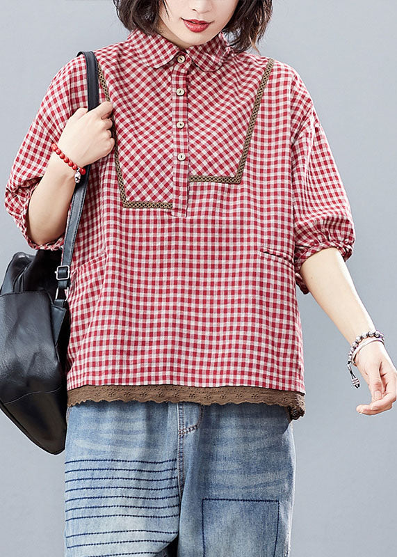 Plus Size Roter Knopf Peter Pan Kragen Hemd Tops Halbarm