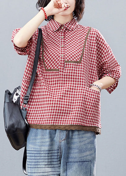 Plus Size Roter Knopf Peter Pan Kragen Hemd Tops Halbarm