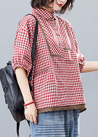 Plus Size Roter Knopf Peter Pan Kragen Hemd Tops Halbarm