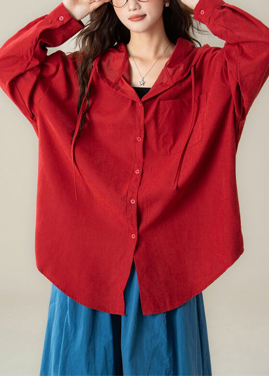 Rotes Kapuzenhemd aus Baumwolle in Übergröße, Frühling