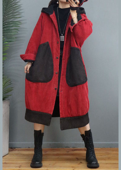 Plus Size Red Hooded Patchwork Corduroy Winter Coats Winter