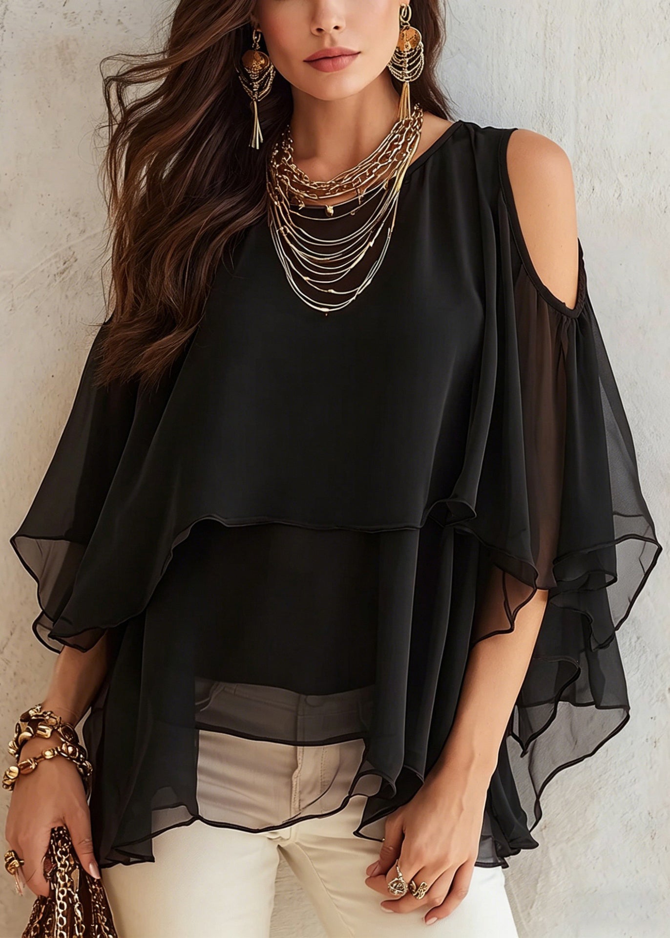 Plus Size Red O-Neck Asymmetrical Solid Chiffon Shirt Summer