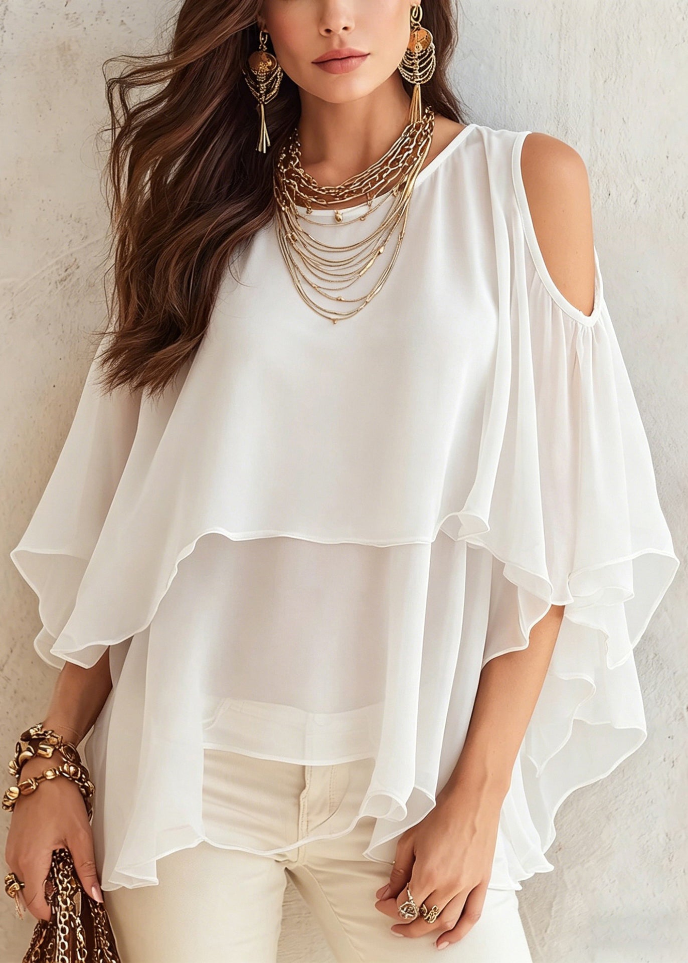 Plus Size Red O-Neck Asymmetrical Solid Chiffon Shirt Summer