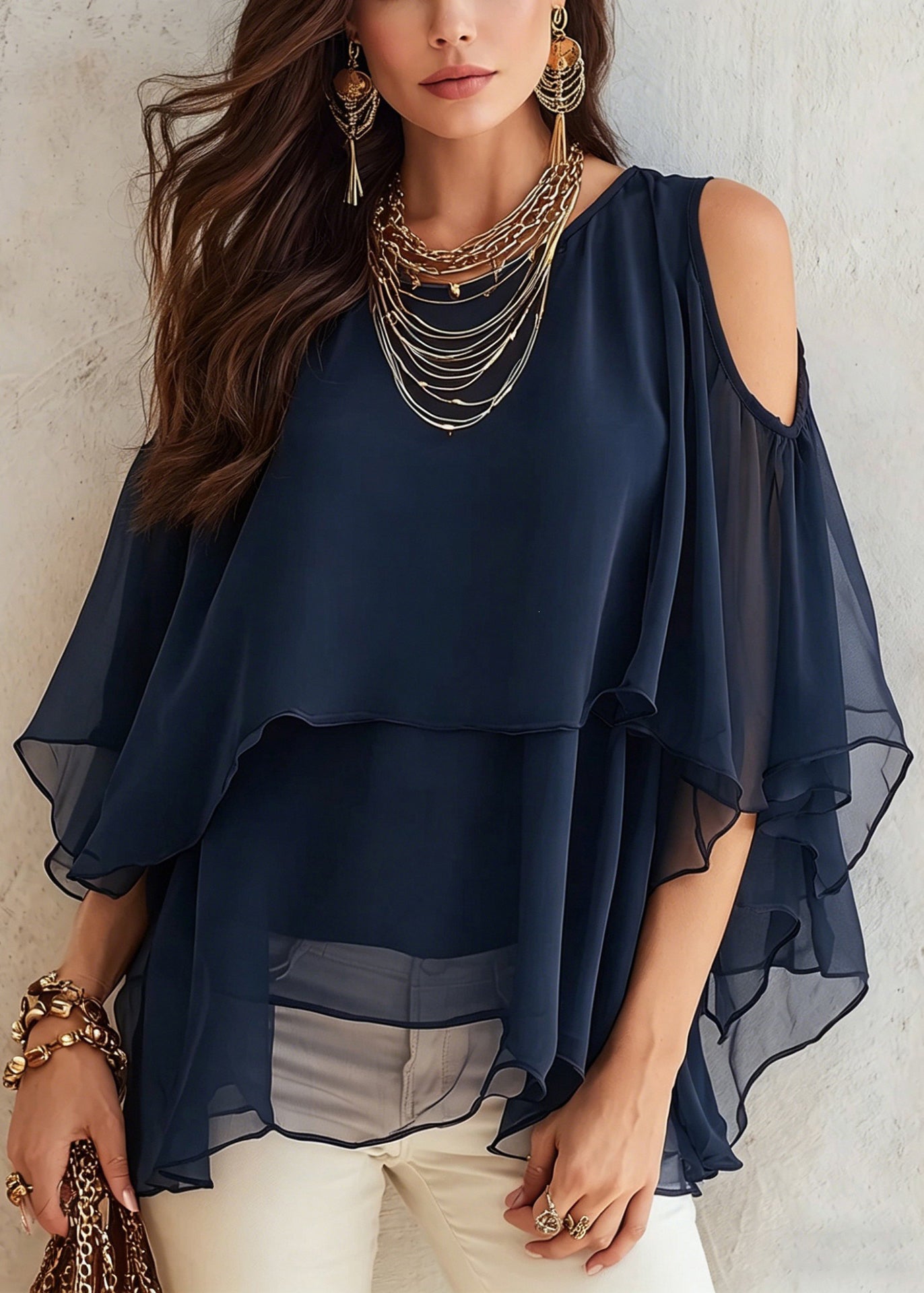 Plus Size Red O-Neck Asymmetrical Solid Chiffon Shirt Summer