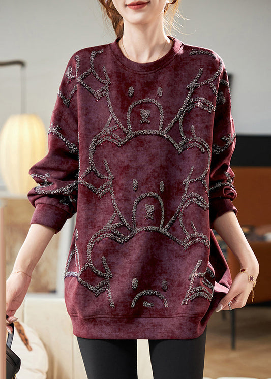 Plus Size Red O-Neck Cozy Sweatshirt Fall