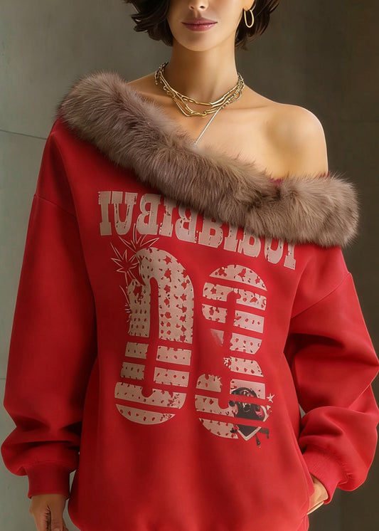 Plus Size Red One Shoulder Fur Collar Print Sweatshirt Spring