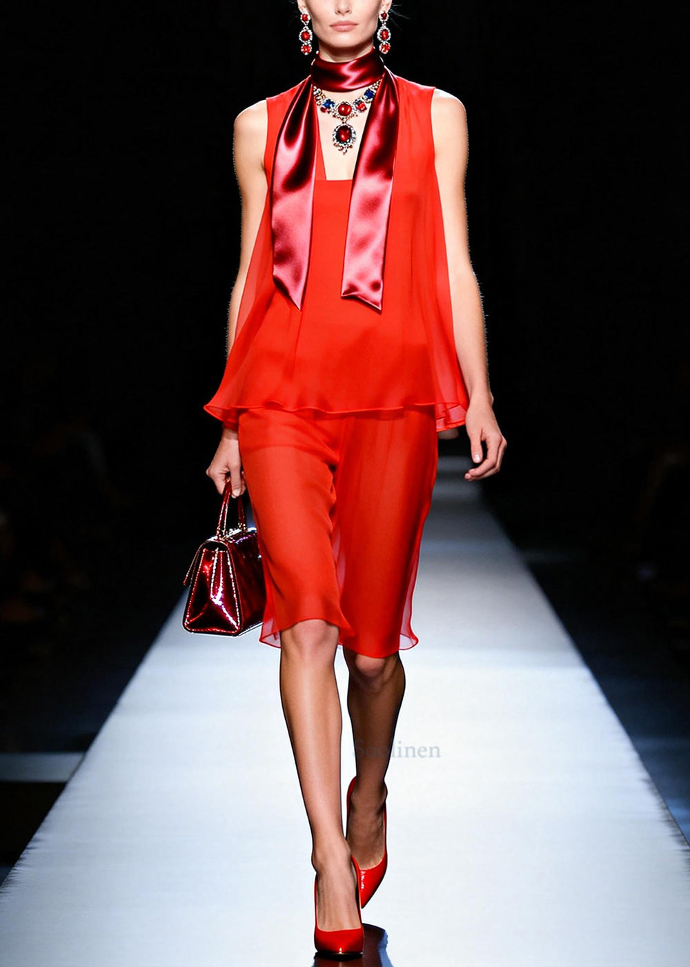 Plus Size Red Oversized Chiffon Two Pieces Set Sleeveless
