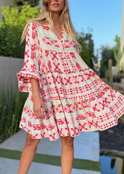 Plus Size Red Oversized Print Cotton Mini Dresses Bracelet Sleeve