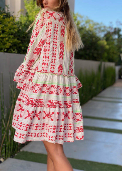 Plus Size Red Oversized Print Cotton Mini Dresses Bracelet Sleeve