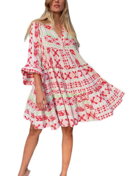 Plus Size Red Oversized Print Cotton Mini Dresses Bracelet Sleeve