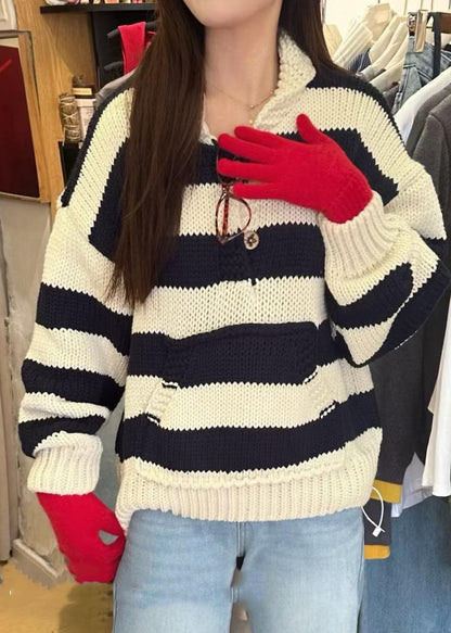 Plus Size Red Oversized Striped Knit Sweaters Winter