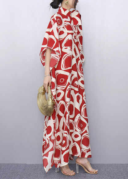 Plus Size Red Peter Pan Collar Print Robe Dresses Summer