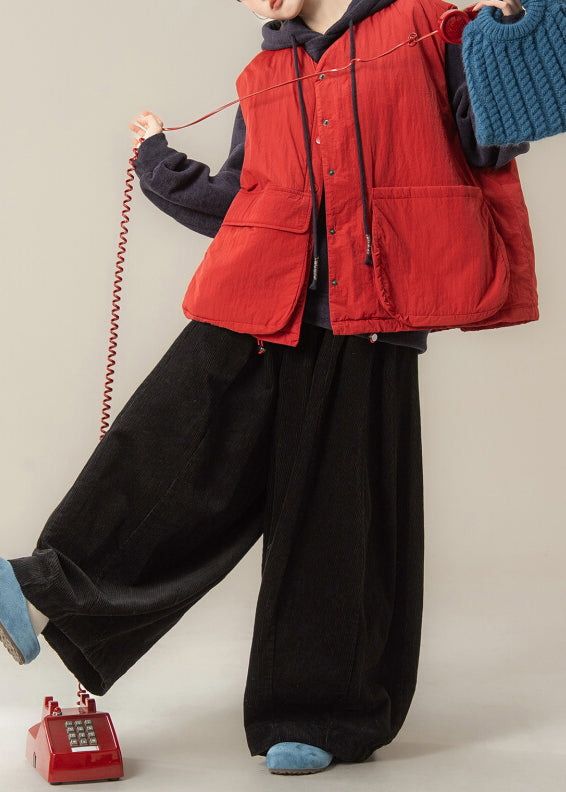 Plus Size Red Pockets Drawstring Waistcoat And Black Wide Leg Pants Two-Piece Set Sleeveless