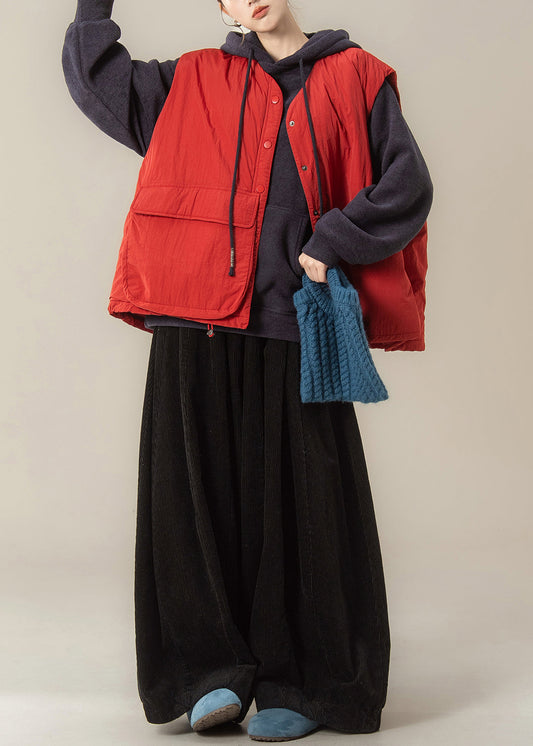 Plus Size Red Pockets Drawstring Waistcoat And Black Wide Leg Pants Two-Piece Set Sleeveless