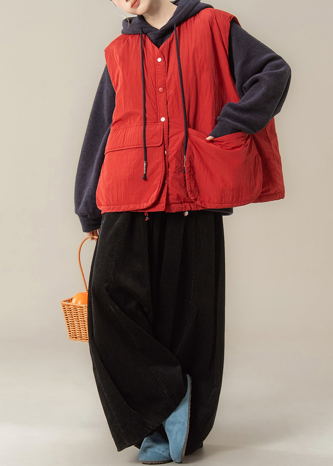 Plus Size Red Pockets Drawstring Waistcoat And Black Wide Leg Pants Two-Piece Set Sleeveless