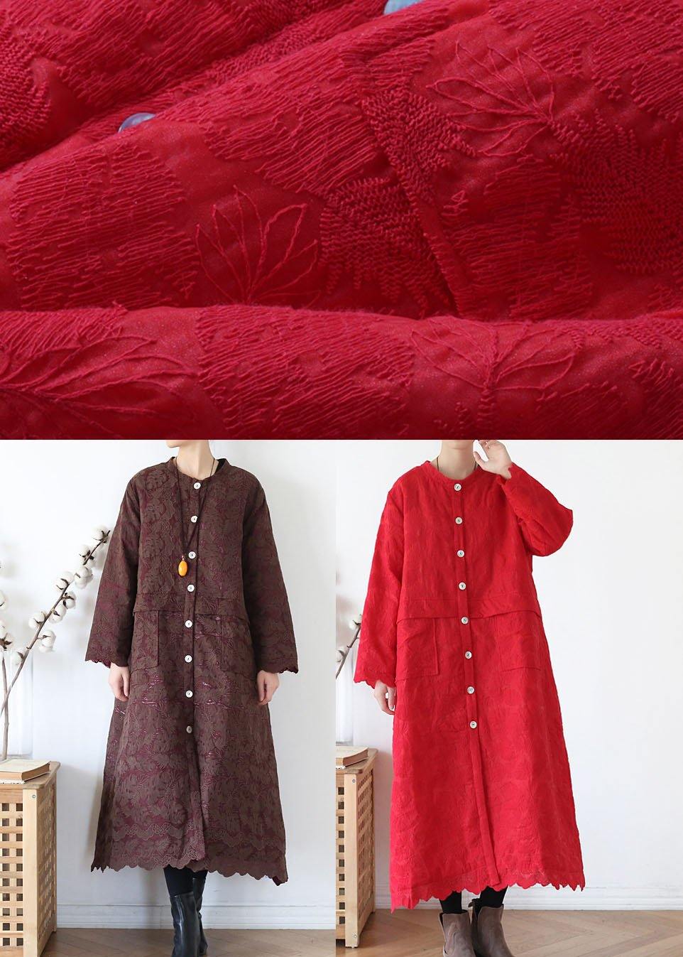 Plus Size Red Stand Button Fall Long Sleeve Coats - SooLinen
