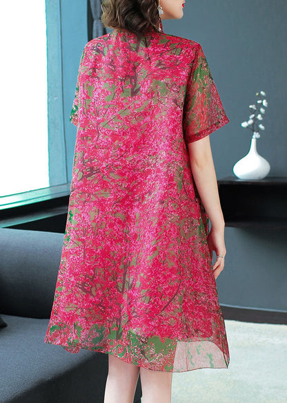 Plus Size Rotes Seidenkleid mit Stehkragen und Print, kurze Ärmel