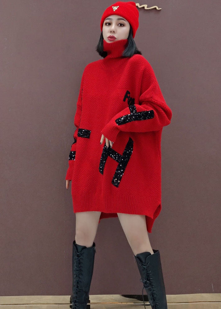 Plus Size Roter Rollkragen Mode Strickkleid Winter