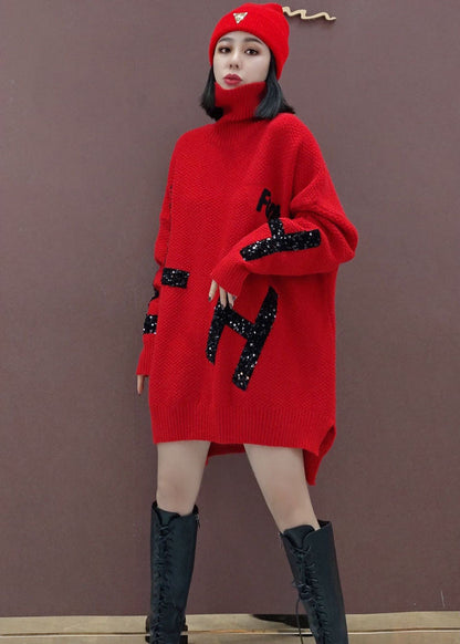 Plus Size Roter Rollkragen Mode Strickkleid Winter