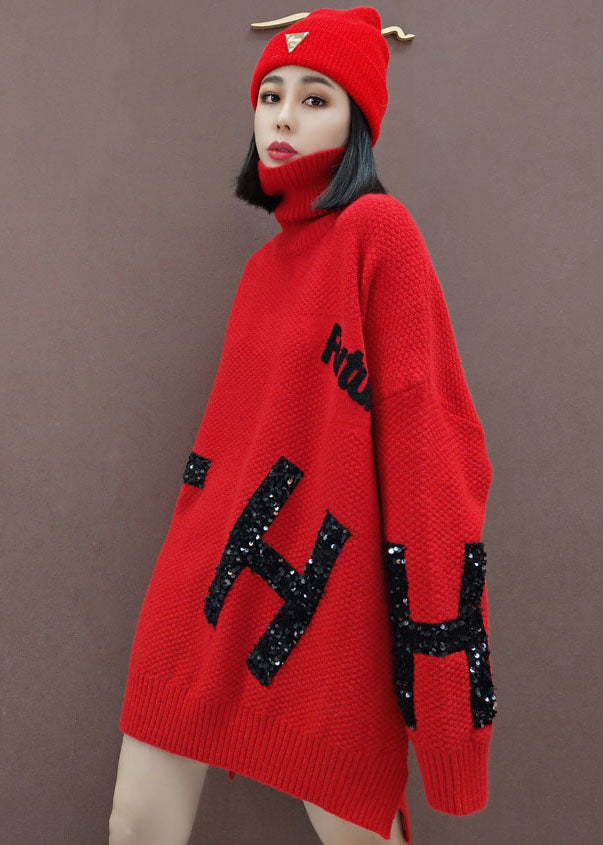 Plus Size Roter Rollkragen Mode Strickkleid Winter