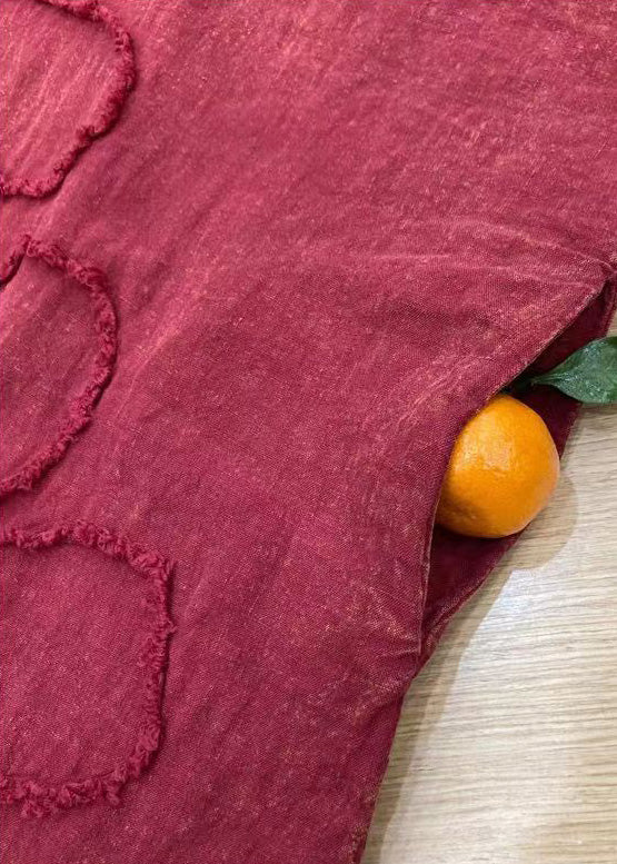 Vestido de lino con cuello en V, bordado y patchwork, manga larga, talla grande, color rojo