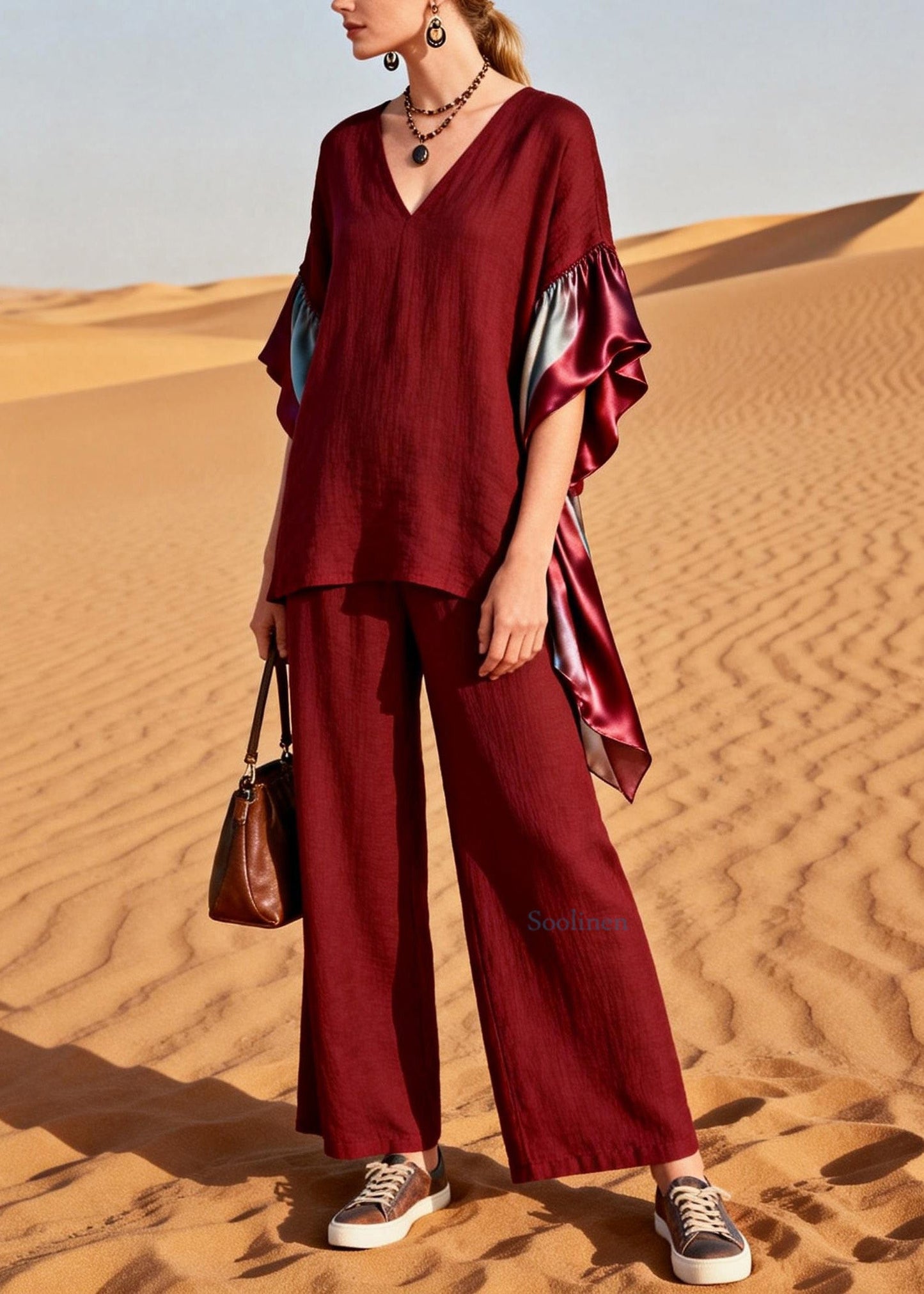 Plus Size Red V Neck Patchwork Linen Silk Two Pieces Set Summer