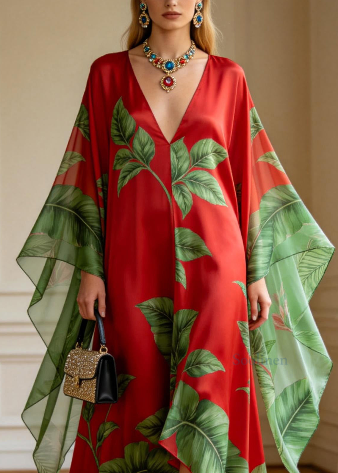 Plus Size Red V Neck Print Chiffon Ankle Dress Summer