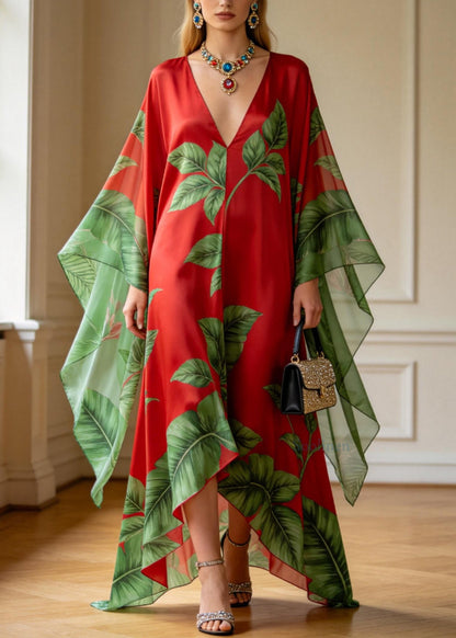 Plus Size Red V Neck Print Chiffon Ankle Dress Summer