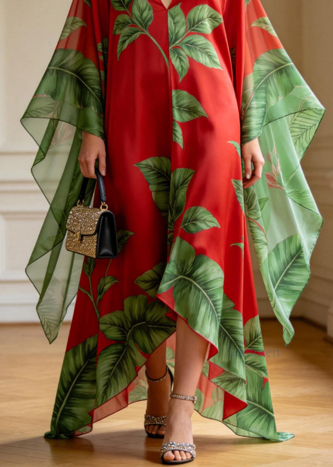 Plus Size Red V Neck Print Chiffon Ankle Dress Summer