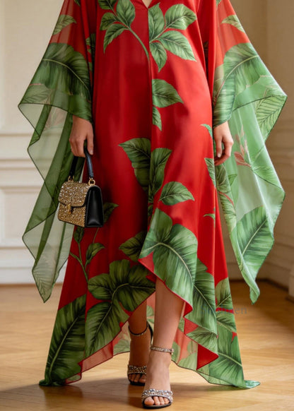 Plus Size Red V Neck Print Chiffon Ankle Dress Summer